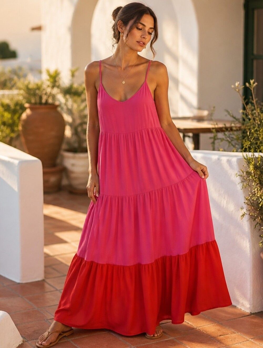 kate spade Pink and Orange Tiered Maxi Dress with Spaghetti Straps